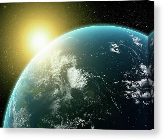 Shadow Canvas Print featuring the digital art Sunrise Over Earth, Artwork by Science Photo Library - Andrzej Wojcicki