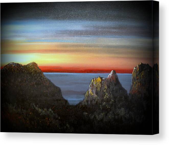 This Is An Oil Painting Of A Sundown . There Is An Ocean Reflecting The Light Blue Sky. There Are Clouds Far In The Distance From The Mountains. What Is Remaining Of The Sunlight Is Revealing Some Of The Steep Mountain Cliffs. The Dark Red Horizon Draws The Viewer Eye To That Area. The Ocean Is Calm With No Waves Or Wind. This Original Oil Painting Is 18x24 Inches. This Painting Would Appeal To Many People And Fit In Any Room. The Painting Does Not Come With A Frame. Canvas Print featuring the painting Sunset Mountain by Martin Schmidt