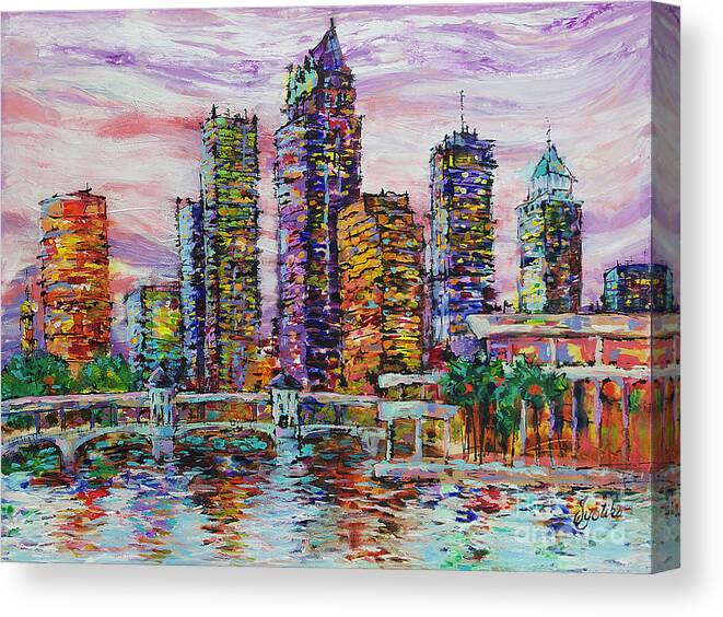  Canvas Print featuring the painting Tampa skyline at Sunset by Jyotika Shroff