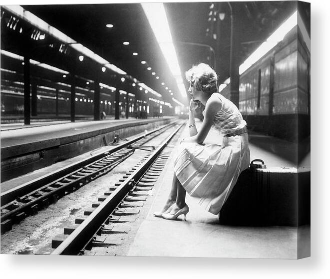 Child Canvas Print featuring the photograph Teenage Girl Waiting For Train by Bettmann