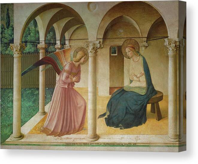 Archangel Gabriel Canvas Print featuring the painting The Annunciation. Fresco in the former dormitory of the Dominican monastery San Marco, Florence. by Fra Angelico -c 1395-1455-