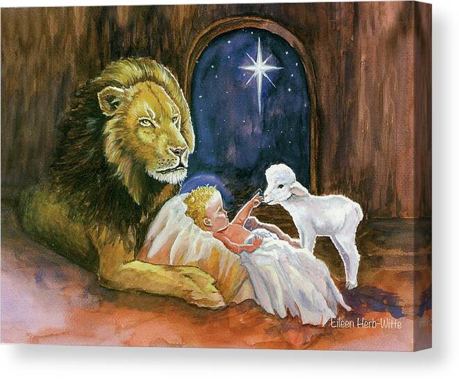 The Lion Canvas Print featuring the painting The Lion, Lamb, And Emmanuel by Eileen Herb-witte