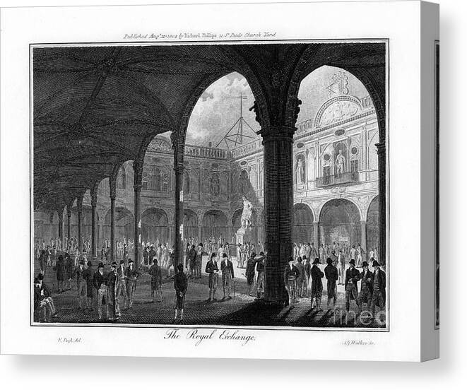 Corporate Business Canvas Print featuring the drawing The Royal Exchange, London, 1804.artist by Print Collector
