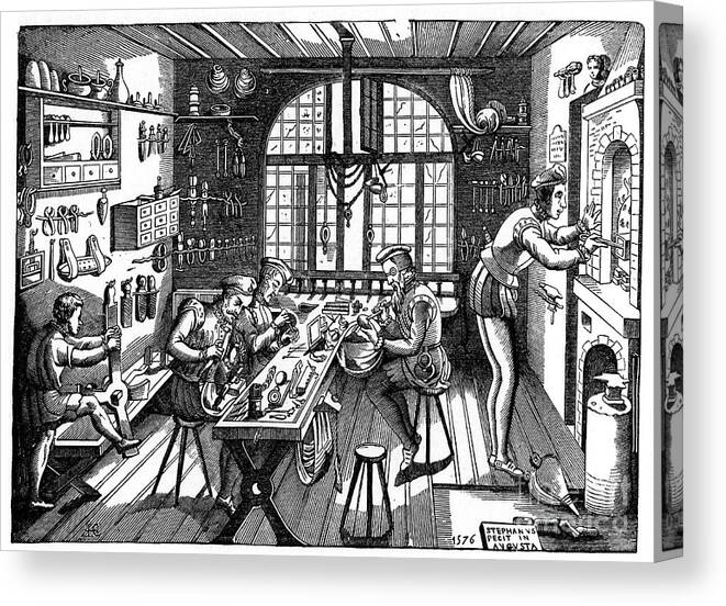 Bellows Canvas Print featuring the drawing The Studio Of Etienne Delaune, 1576 by Print Collector