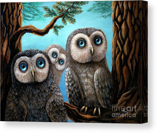 Rebecca Canvas Print featuring the painting Three Little Hoots by Rebecca Parker
