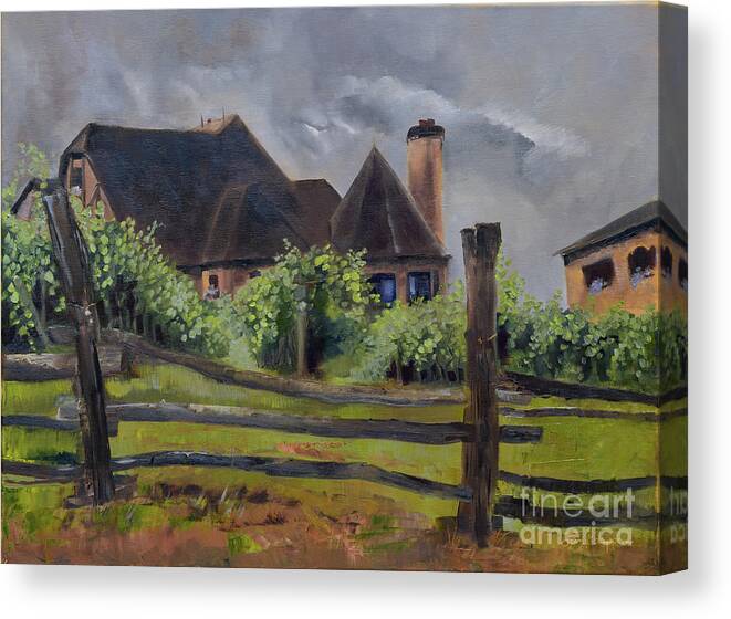 Chateau Meichtry Vineyards Canvas Print featuring the painting Treasures beyond the Fence - Chateau Meichtry by Jan Dappen