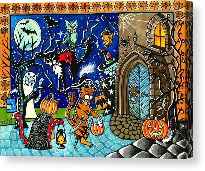 Trick Or Treat Halloween Cats Canvas Print featuring the painting Trick Or Treat Halloween Cats by Dora Hathazi Mendes