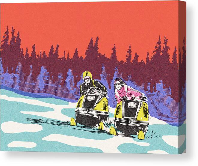 Activity Canvas Print featuring the drawing Two Snowmobilers by CSA Images