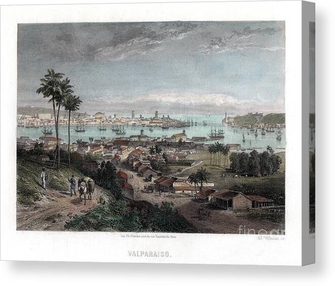 Engraving Canvas Print featuring the drawing Valparaiso, Chile, 1840. Artist Edward by Print Collector