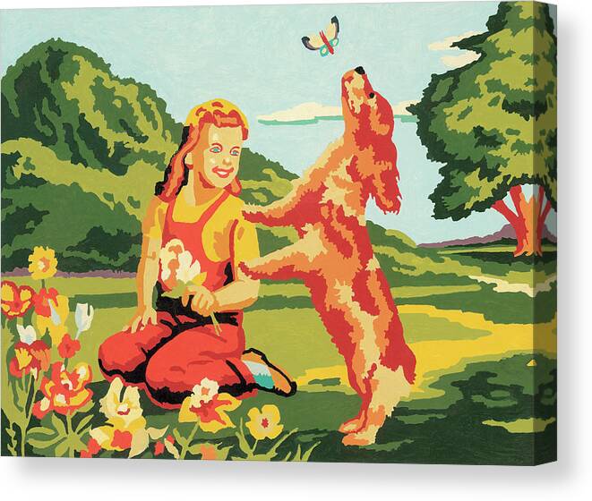 Animal Canvas Print featuring the drawing Woman and dog in park by CSA Images