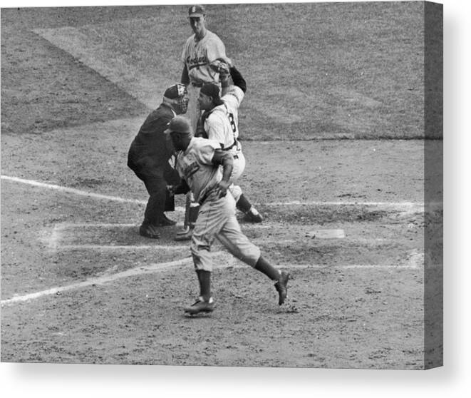 People Canvas Print featuring the photograph Jackie Robinson and Yogi Berra #1 by Hulton Archive