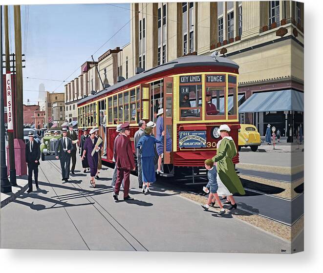 Yonge Street Canvas Print featuring the painting Yonge and College 1937 by Kenneth M Kirsch