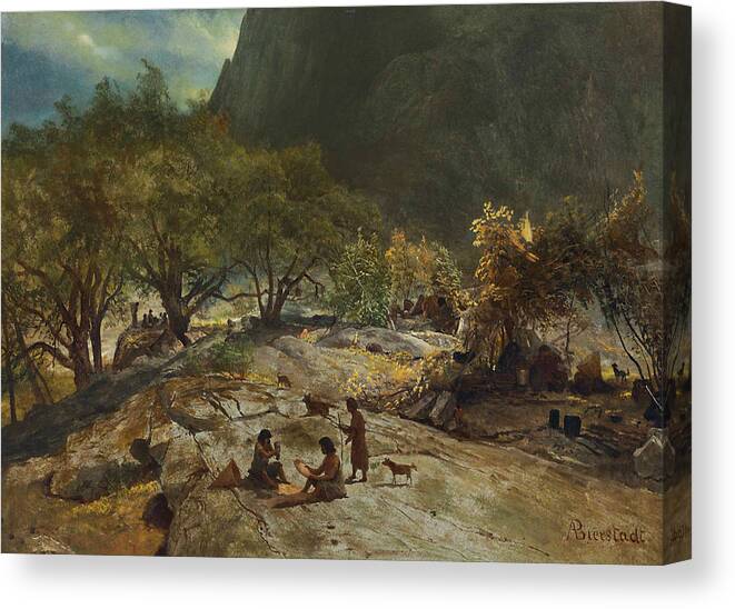 Figurative Canvas Print featuring the painting Mariposa Indian Encampment, Yosemite Valley, California #3 by Albert Bierstadt