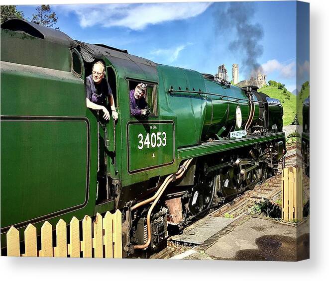 34053 Canvas Print featuring the photograph SR Battle of Britain Class34053 Sir Keith Park Crew at Corfe by Gordon James