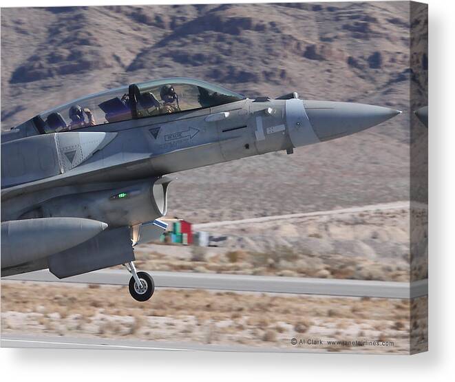 Falcon Canvas Print featuring the photograph Close-up UAE Block 60 F-16 Recovering to Nellis AFB by Custom Aviation Art