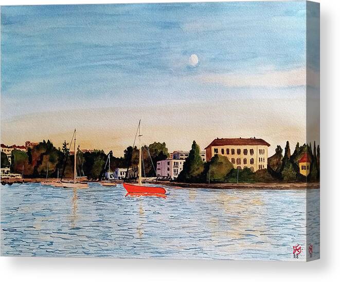  Canvas Print featuring the painting A red boat in Zadar Croatia by Francisco Gutierrez