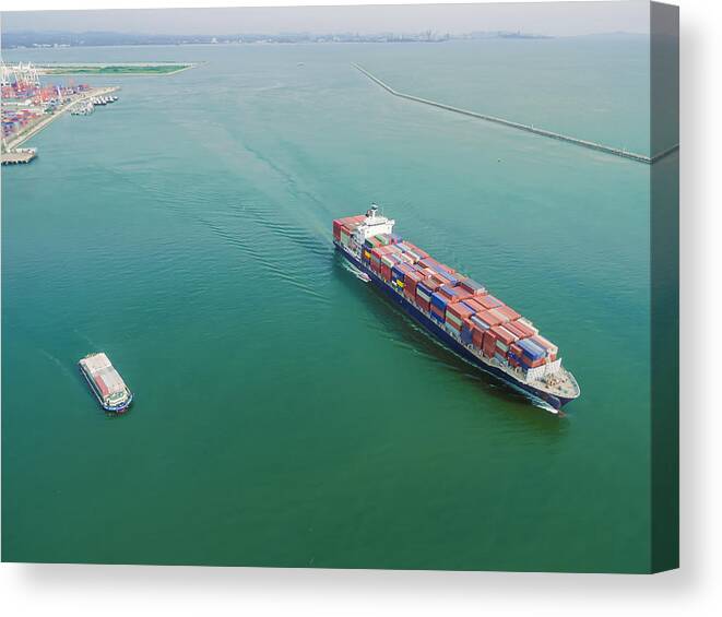 Tranquility Canvas Print featuring the photograph Aeriel View Container Shipping By Container Ship By Sea . by Anucha Sirivisansuwan