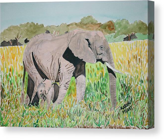 Africa Canvas Print featuring the painting African Elephant Mom and Baby by Karen Merry