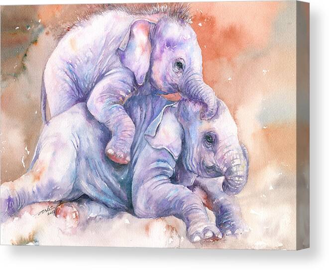 Elephants Canvas Print featuring the painting Baby Elephants Frolicking by Arti Chauhan