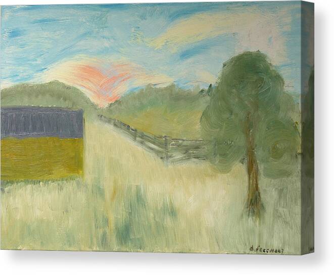 Sun Also Sets Canvas Print featuring the painting Barn and Country Meadow by David McCready