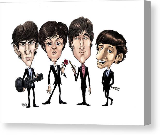 Caricature Canvas Print featuring the drawing Beatles 1965 in color by Mike Scott