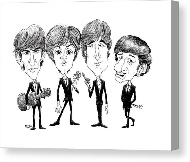 Caricature Canvas Print featuring the drawing Beatles 1965 by Mike Scott