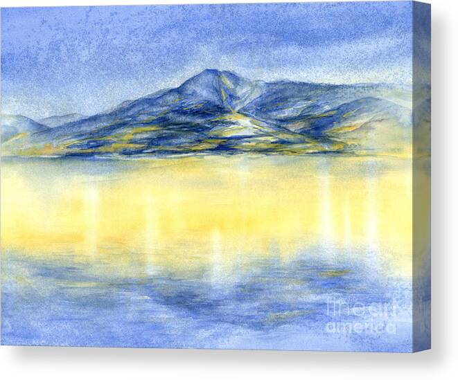 Watercolor Canvas Print featuring the painting Blue mountain and reflection of sunlight, watercolor by Adriana Mueller