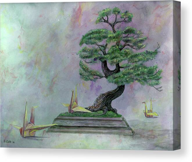 Bonsai Tree Canvas Print featuring the mixed media Bonsai with Cranes by Sandy Clift