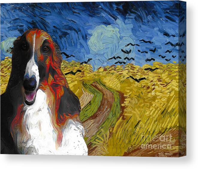 Borzoi Canvas Print featuring the painting Borzoi - Russian Wolfhound Van Gogh Art Wheatfield with crows by Sandra Sij