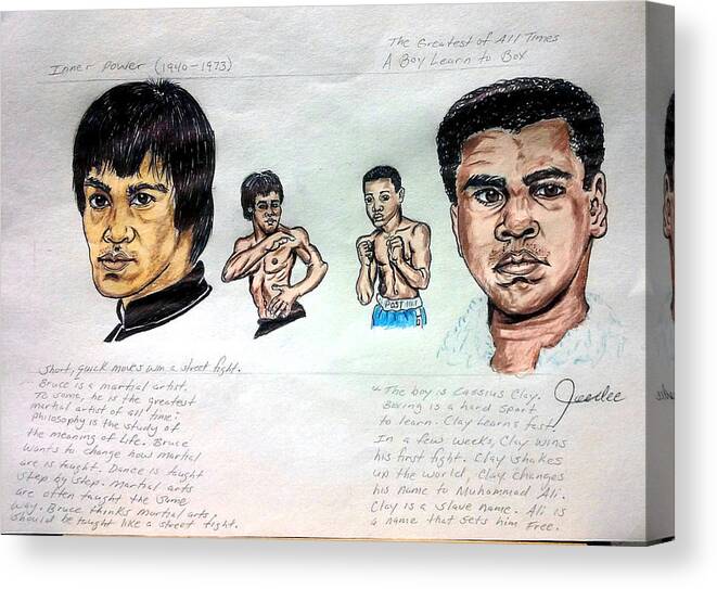  Canvas Print featuring the drawing Bruce Lee with Muhammad Ali by Joedee