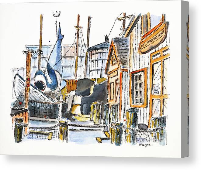 Shark Canvas Print featuring the drawing Capt John's Boat Works NJ by Mike Bergen