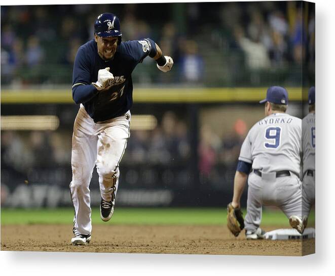 2nd Base Canvas Print featuring the photograph Carlos Gomez by Mike Mcginnis