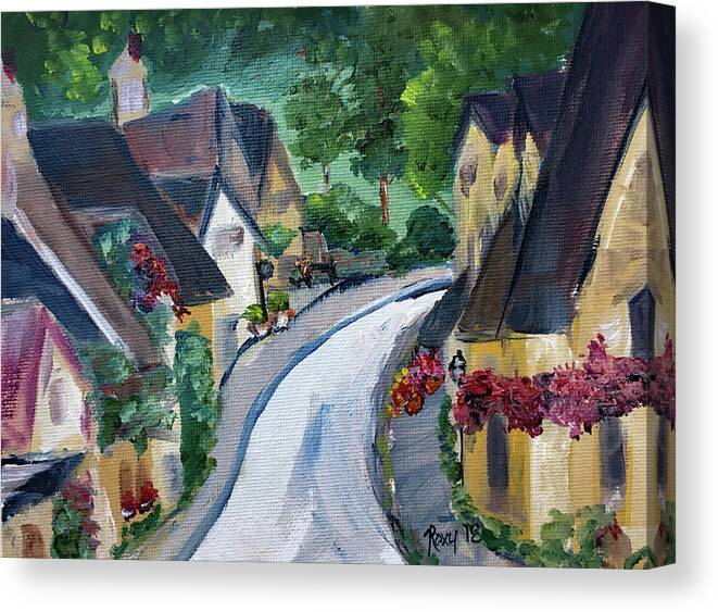 Castle Combe Canvas Print featuring the painting Castle Combe view from Town Square by Roxy Rich