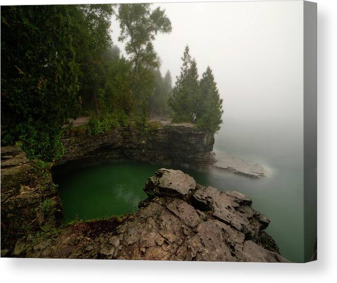 Cave Point Canvas Print featuring the photograph Cave Point Calm 3 - Cave Point County Park in Door County WI by Peter Herman