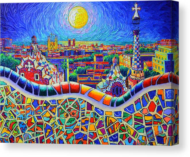 Barcelona Canvas Print featuring the painting COLORFUL BARCELONA PARK GUELL MAGIC NIGHT BY MOON palette knife oil painting by Ana Maria Edulescu by Ana Maria Edulescu