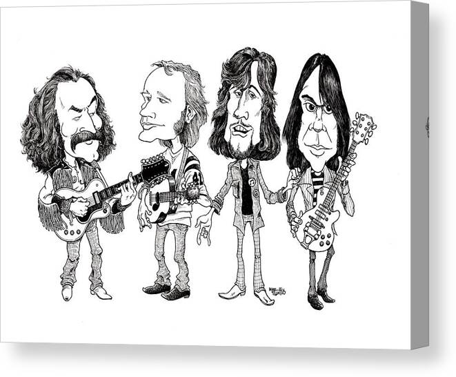 Cartoon Canvas Print featuring the drawing Crosby, Stills, Nash and Young by Mike Scott