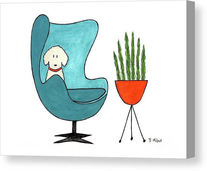 Arne Jacobsen Egg Chair Canvas Print featuring the painting Cute Dog in Teal Arne Jacobsen Chair by Donna Mibus