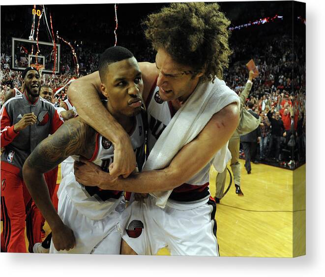 Playoffs Canvas Print featuring the photograph Damian Lillard and Robin Lopez by Steve Dykes