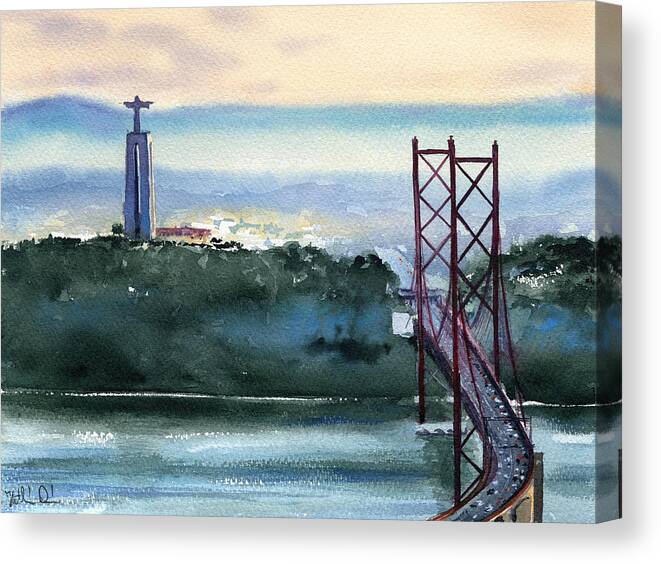 Portugal Canvas Print featuring the painting Dawn In Lisbon by Dora Hathazi Mendes