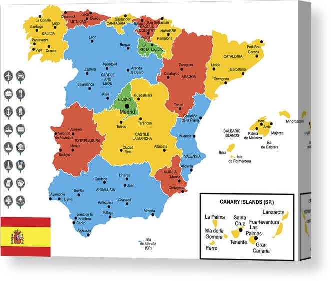 Oviedo Canvas Print featuring the drawing Detailed Vector Map of Spain by Poligrafistka