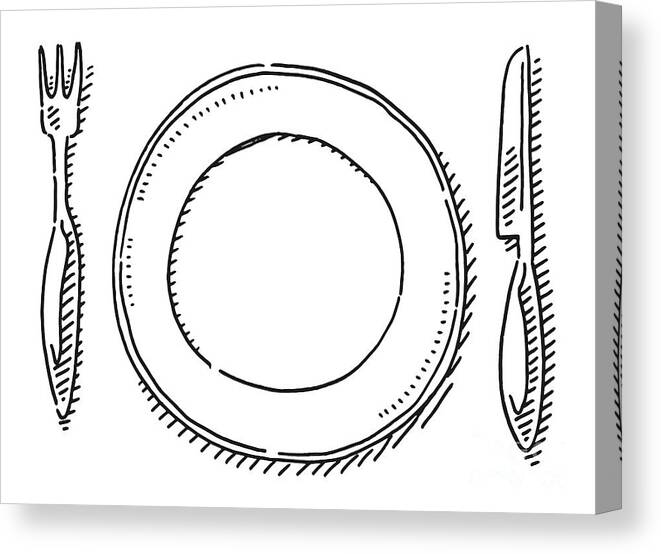 Sketch Canvas Print featuring the drawing Empty Plate And Knife And Fork Drawing by Frank Ramspott