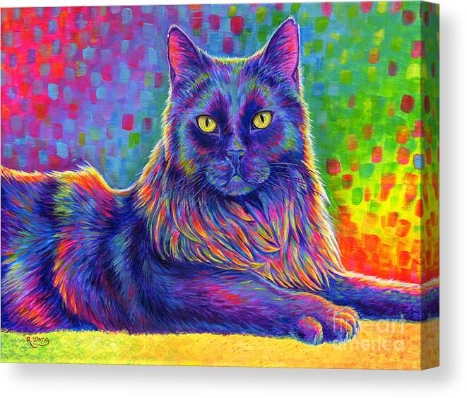 Cat Canvas Print featuring the painting Psychedelic Rainbow Black Cat - Felix by Rebecca Wang