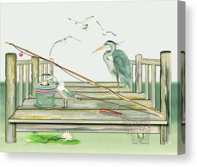Blue Heron Canvas Print featuring the painting Fishing from the Pier by Anne Beverley-Stamps