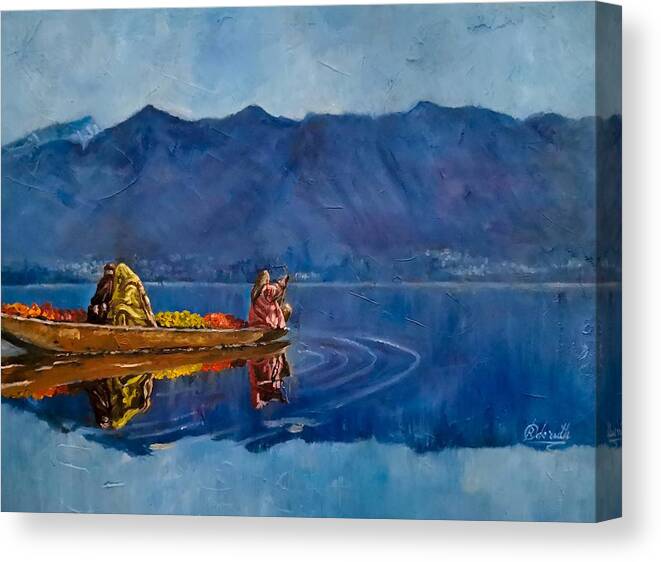  Canvas Print featuring the painting Flower sellers, Dal lake, Kasmir by Raouf Oderuth