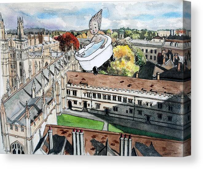 Flying Canvas Print featuring the painting Flying My Bathtub Over All Souls by Pauline Lim