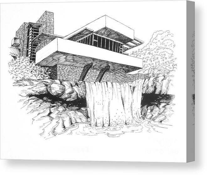 Frank Lloyd Wright's - Falling Water Architecture Canvas Print featuring the drawing Frank Lloyd Wright Falling Water Architecture by Robert Birkenes