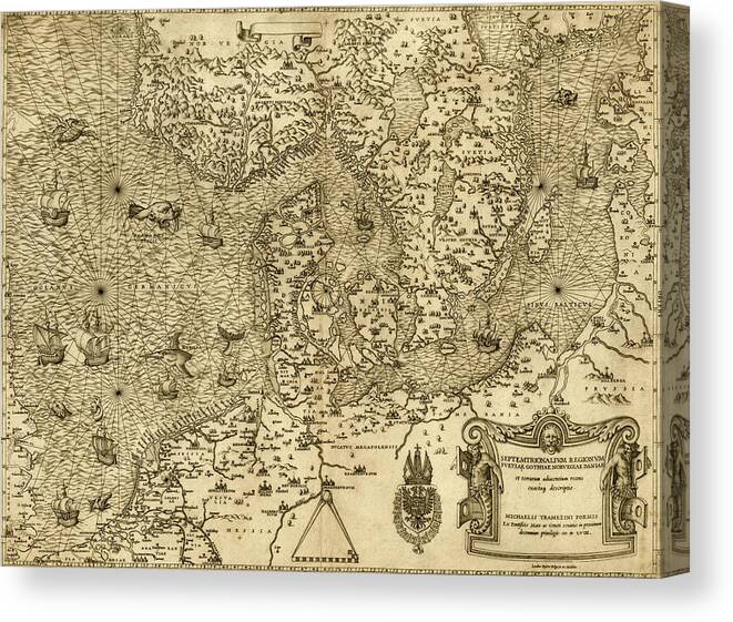 Maps Canvas Print featuring the drawing German Sea The North Sea with Scandiavia 1558 by Vintage Maps