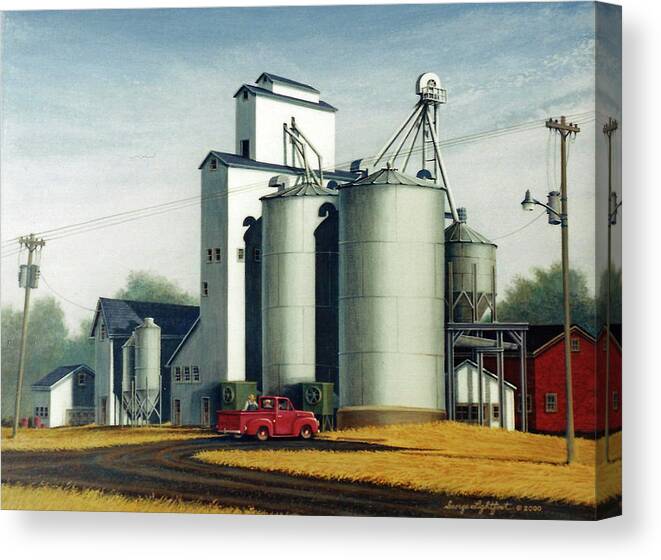 Architectural Landscape Canvas Print featuring the painting Grain Bins and Shadows by George Lightfoot