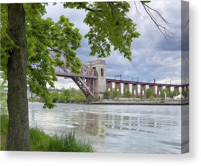 Astoria Park Canvas Print featuring the photograph Grey Cloud Scape and Hell Gate Bridge by Cate Franklyn