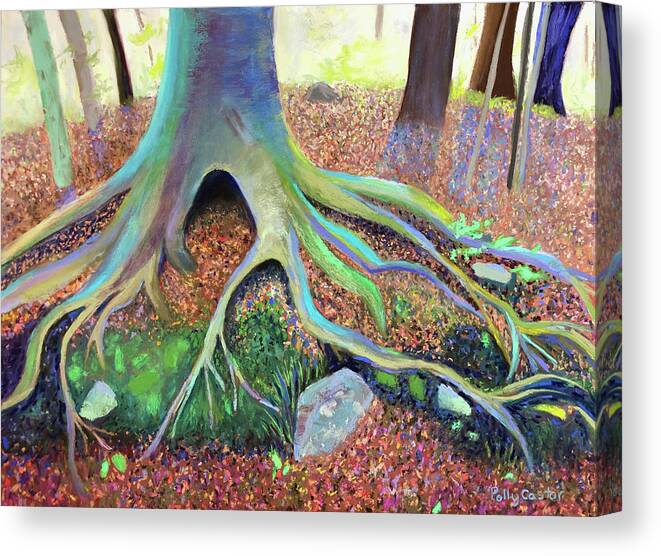 Tree Roots Canvas Print featuring the painting Growing in Rocky Ground by Polly Castor